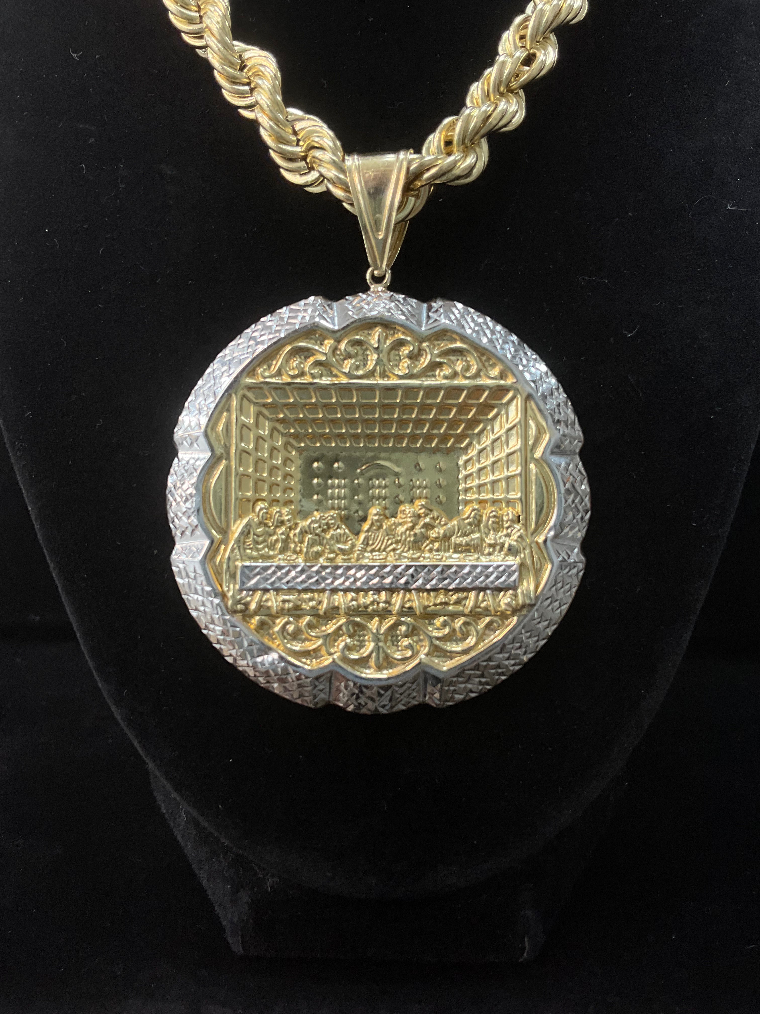 14KT Semi solid Rope Chain with Two Tone Last Supper Pendant