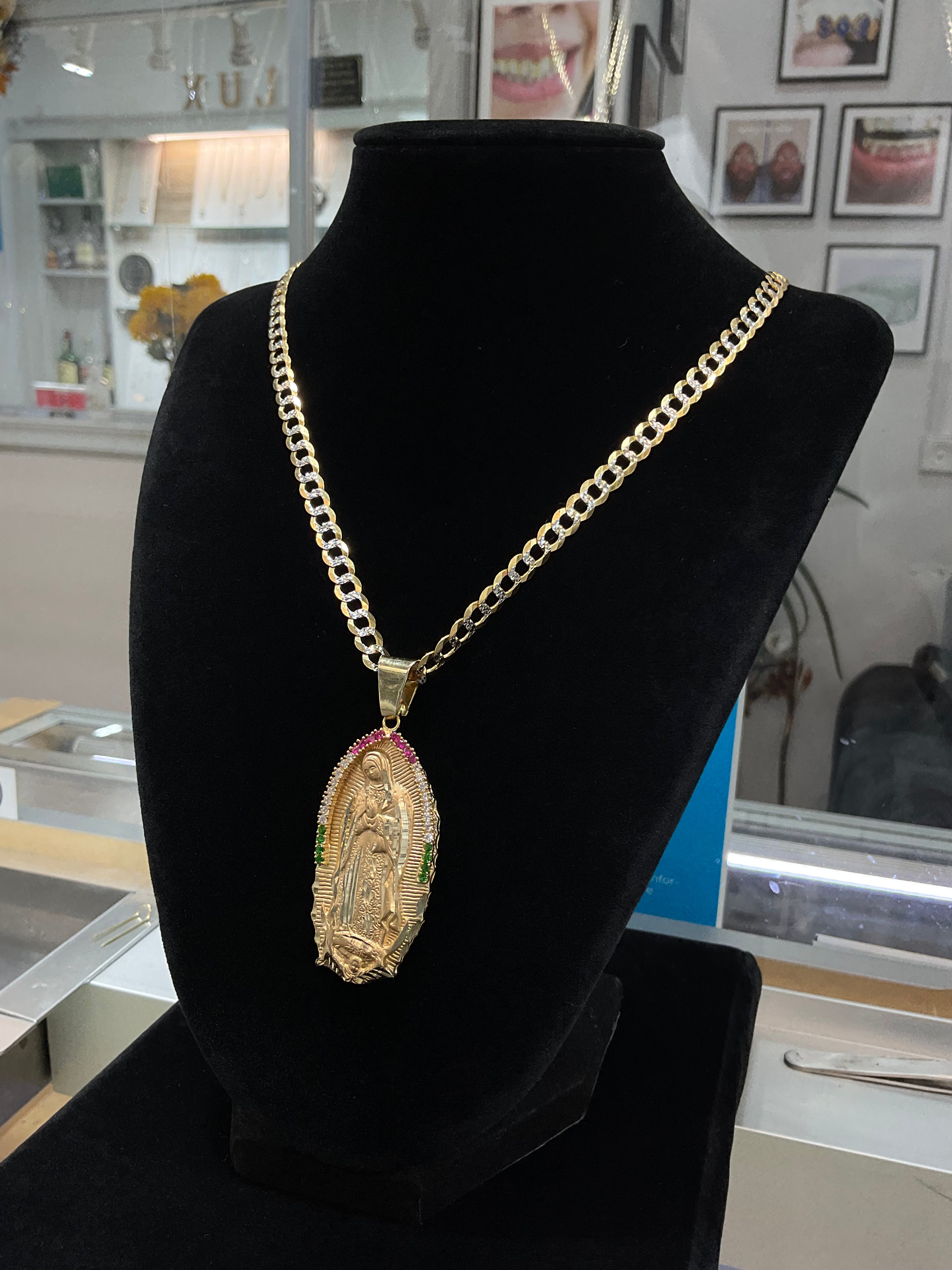 14KT Solid Set Guadalupe pendant with two tone flat Cuban chain