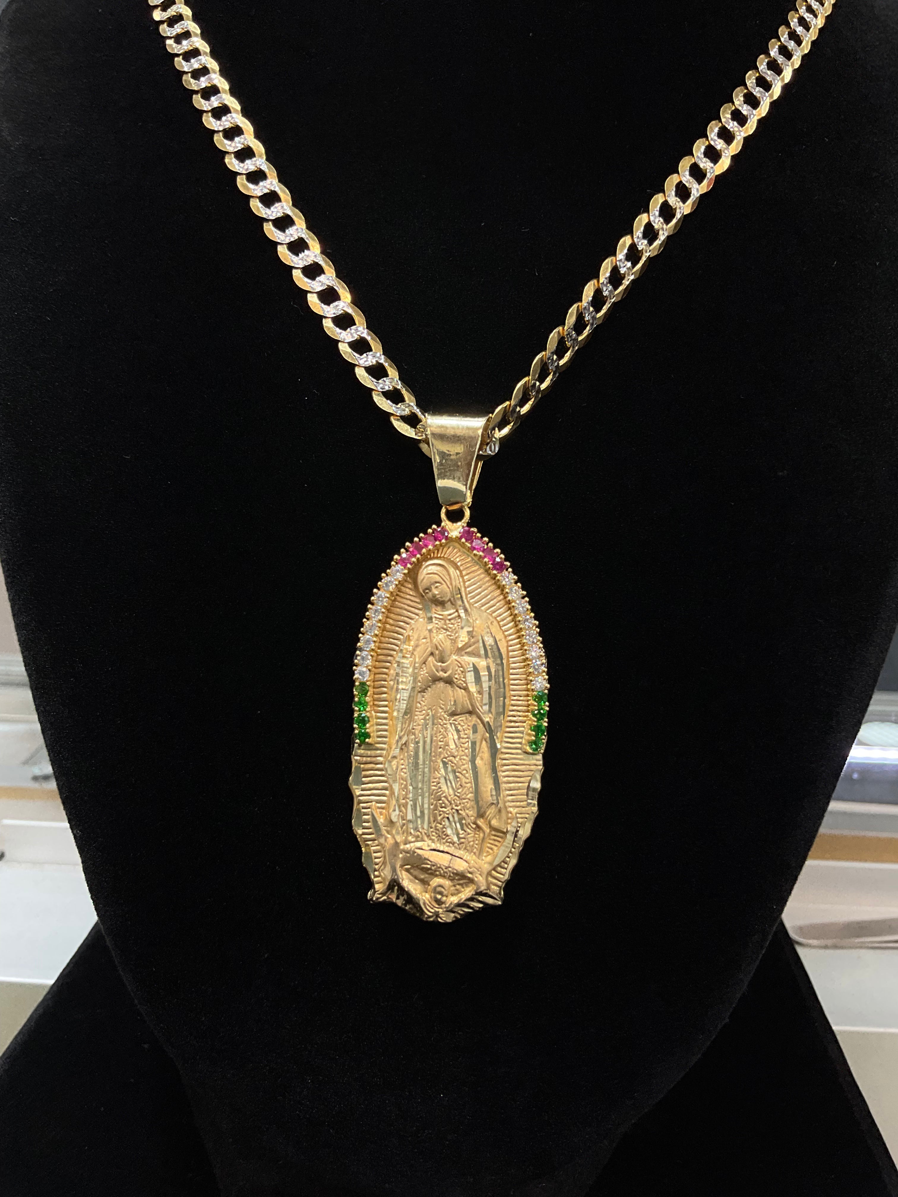 14KT Solid Set Guadalupe pendant with two tone flat Cuban chain