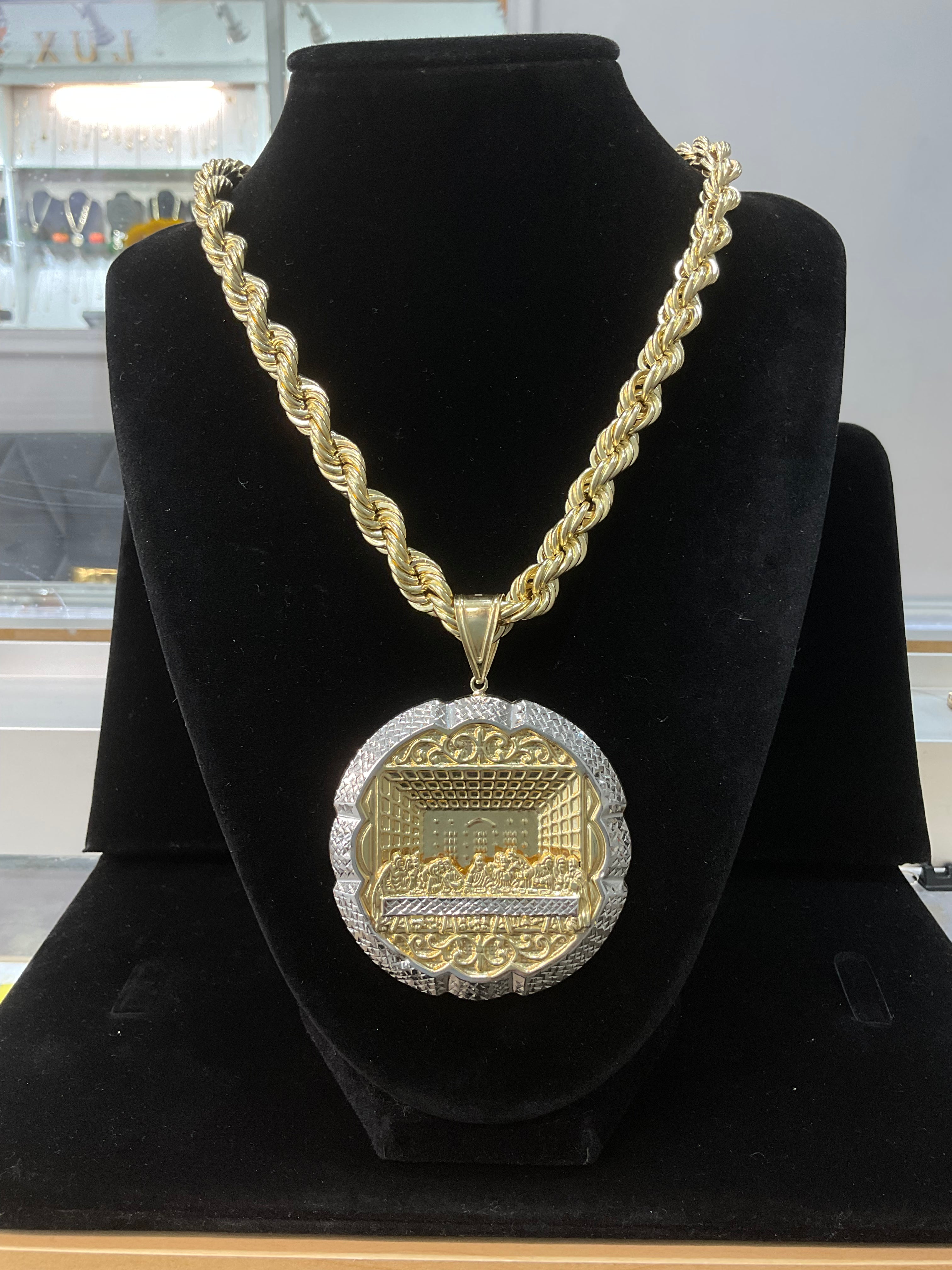14KT Semi solid Rope Chain with Two Tone Last Supper Pendant