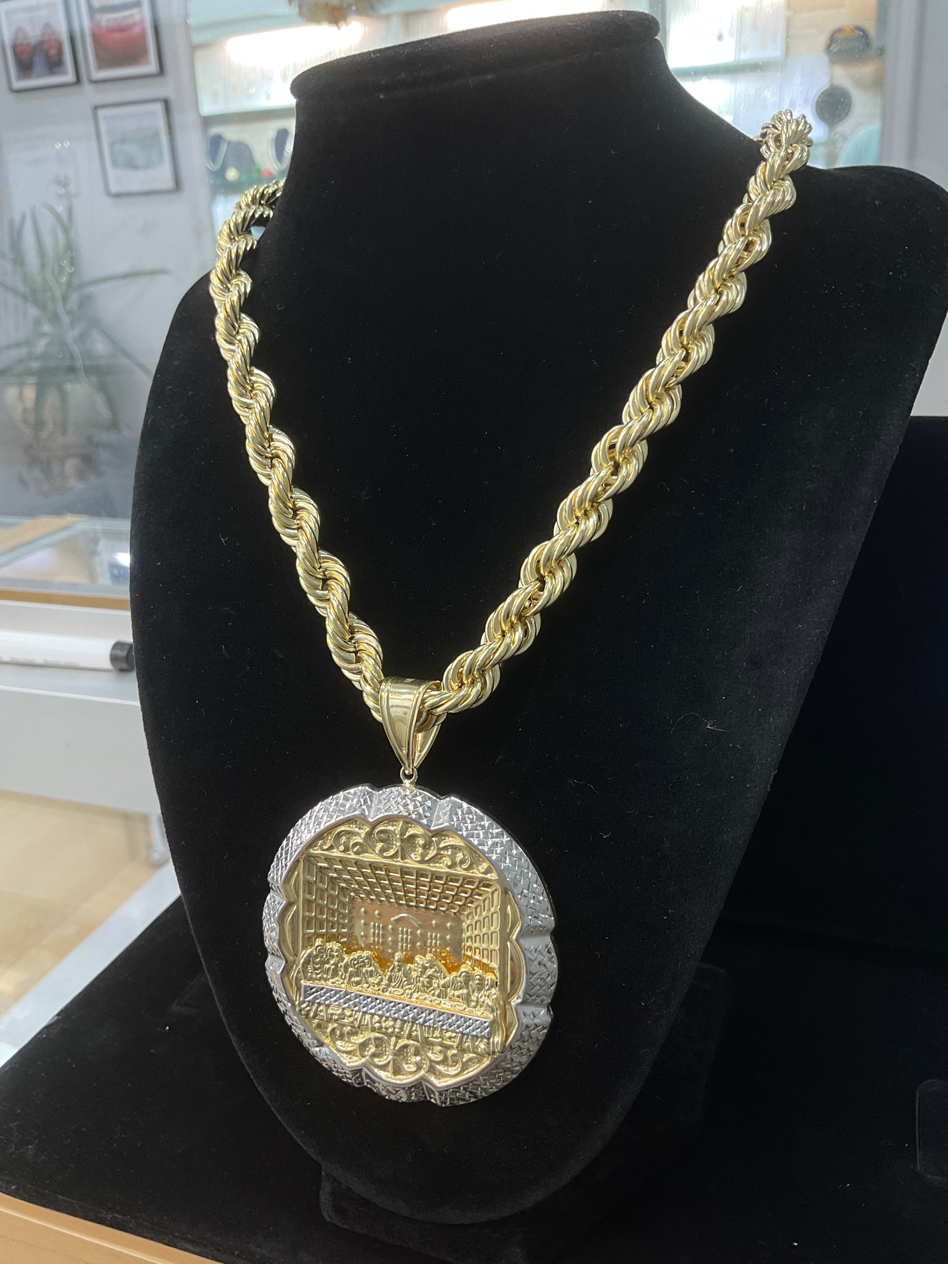 14KT Semi solid Rope Chain with Two Tone Last Supper Pendant