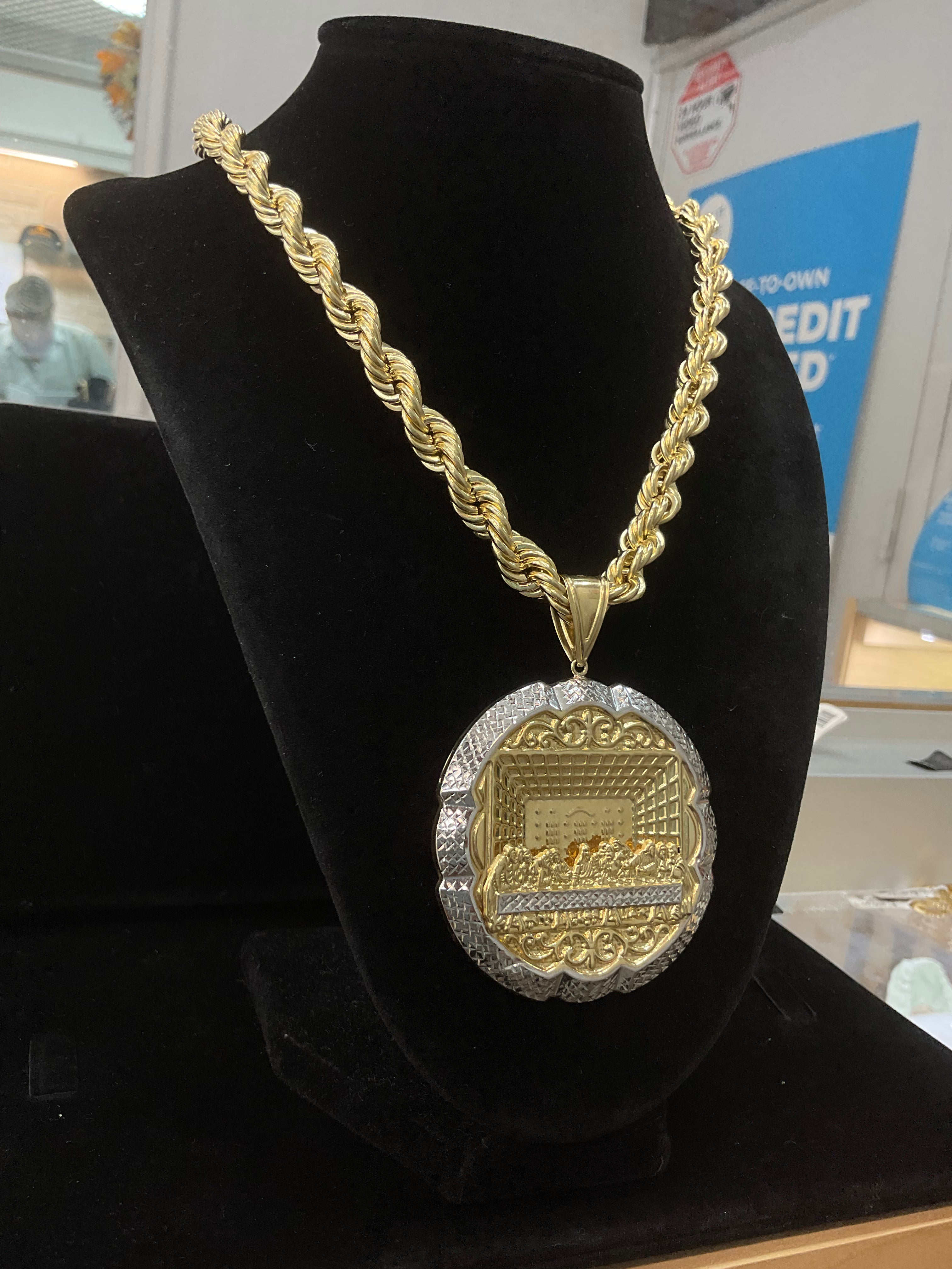 14KT Semi solid Rope Chain with Two Tone Last Supper Pendant
