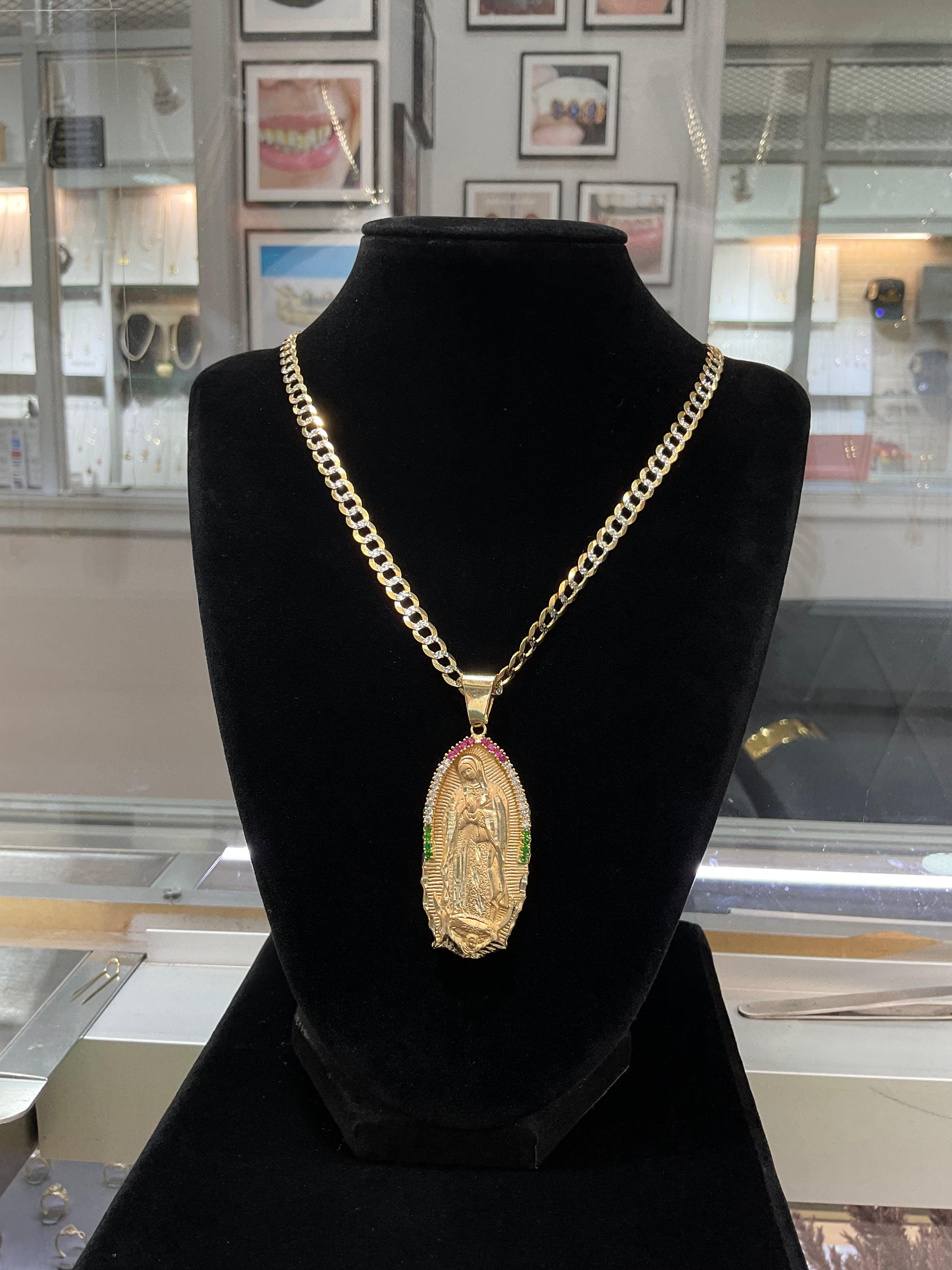 14KT Solid Set Guadalupe pendant with two tone flat Cuban chain